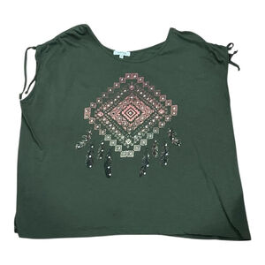 MySTYLE Tank Top Womens Plus 3X Green Geometric Feather Graphic Scoop Neck Boho